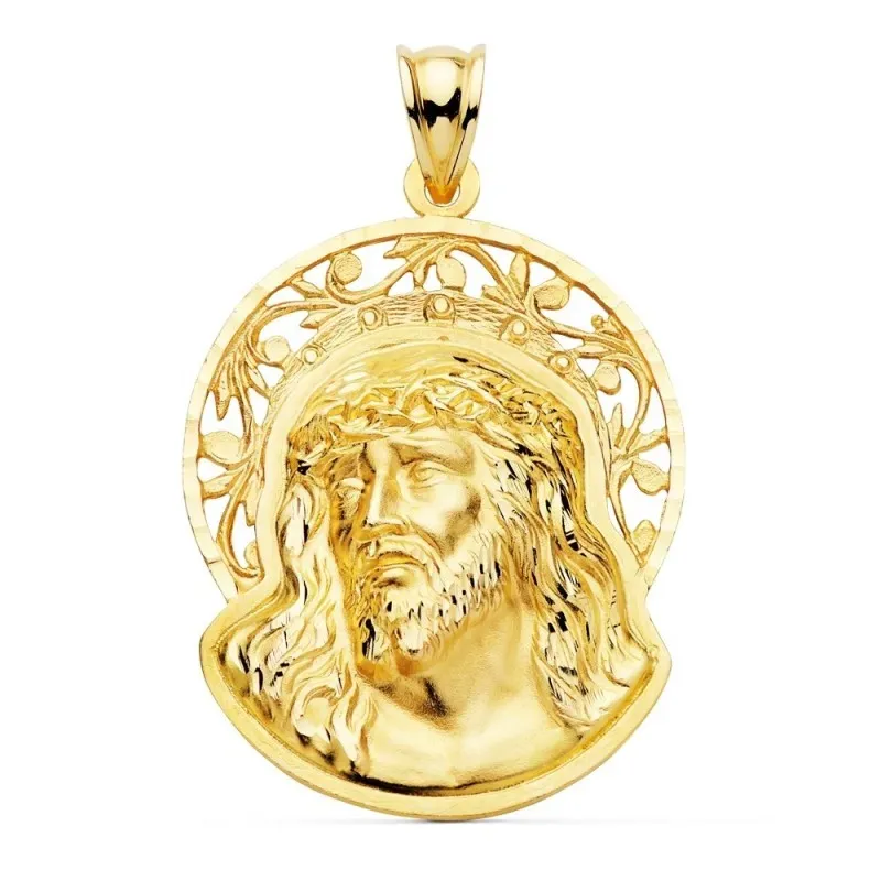 Colgante oro 18k 36mm. cabeza rostro de Cristo orla calada detalles tallados