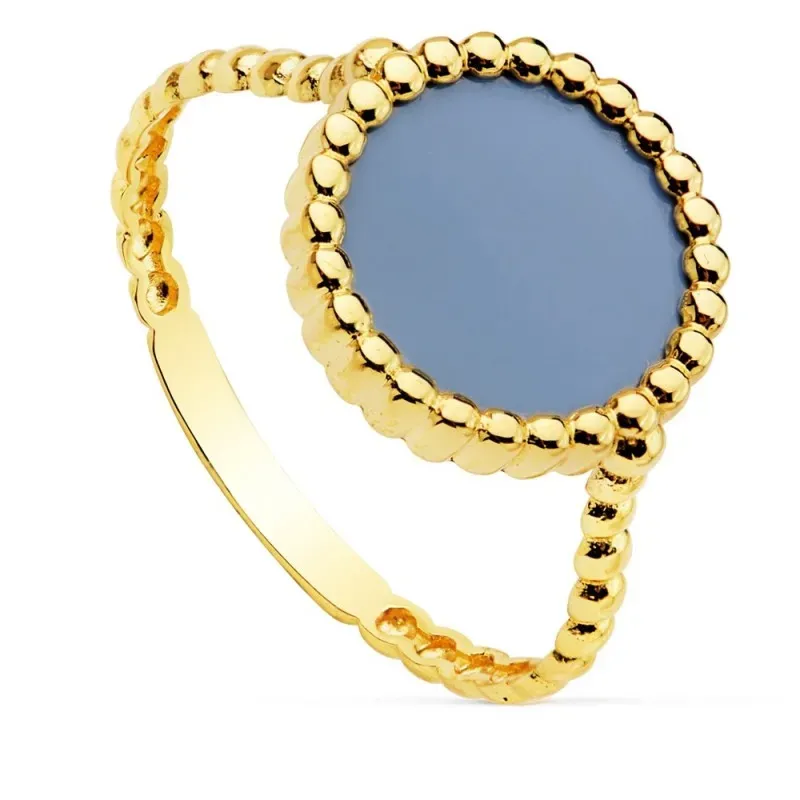 Sortija oro 18k mujer gallones centro piedra 10mm. redonda azul detalle borde bandas