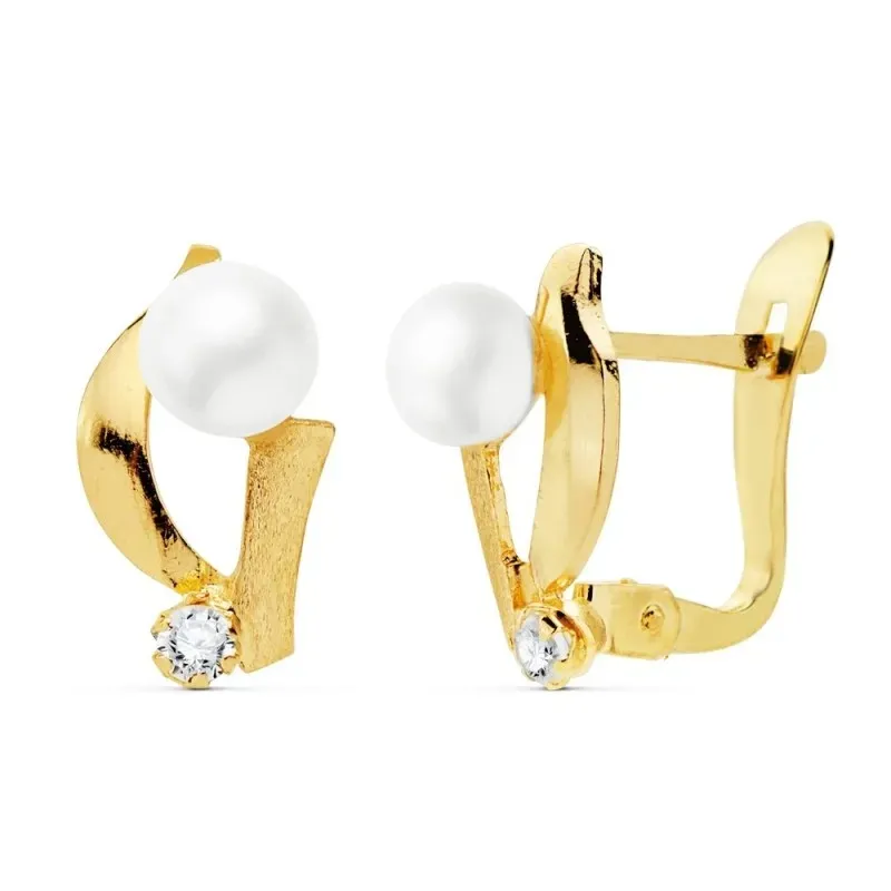 Pendientes oro 18k niña 11mm. perla 4mm. bandas lisas punta circonita cierre catalán