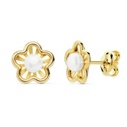 Pendientes oro 18k niña 8mm. detalle flor centro perla 3mm. bandas lisas calada cierre presión