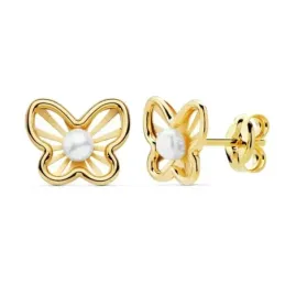 Pendientes oro 18k niña 9mm. detalle mariposa centro perla 2.5mm. bandas lisas calada cierre presión