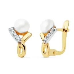 Pendientes oro bicolor 18k niña 11mm. entrelazado circonitas perla 4.5mm. cierre catalán