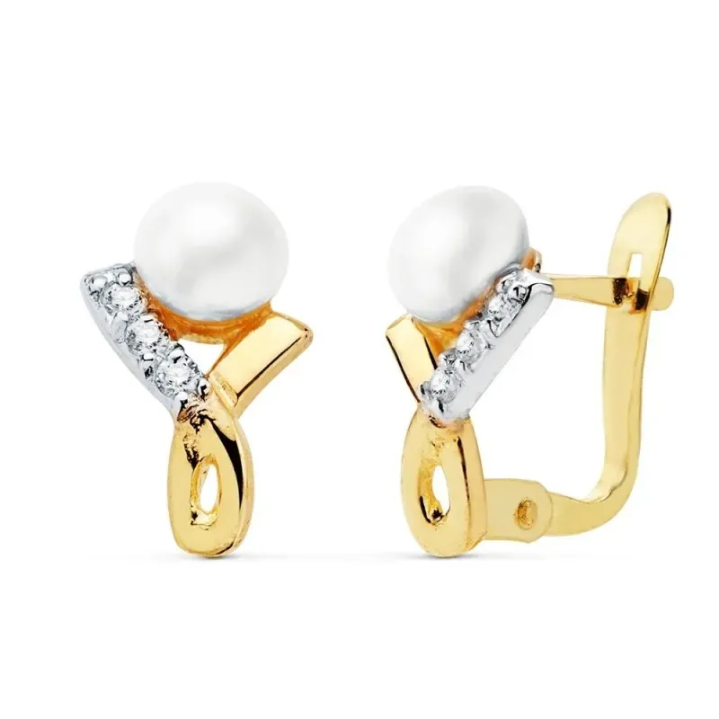 Pendientes oro bicolor 18k niña 11mm. entrelazado circonitas perla 4.5mm. cierre catalán