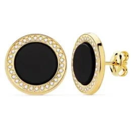 Pendientes oro 18k mujer 12.5mm. redondos centro ónix alrededor circonitas cierre presión