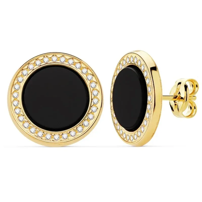Pendientes oro 18k mujer 12.5mm. redondos centro ónix alrededor circonitas cierre presión