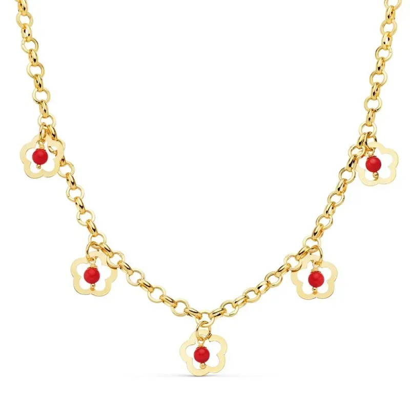 Gargantilla oro 18k mujer cadena 50cm. motivo flores colgantes 12mm. centro piedra coral imitación