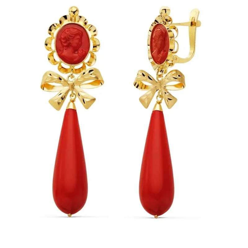 Pendientes oro 18k largos camafeo 62mm. lazo piedra lágrima rojo coralina imitación cierre catalán