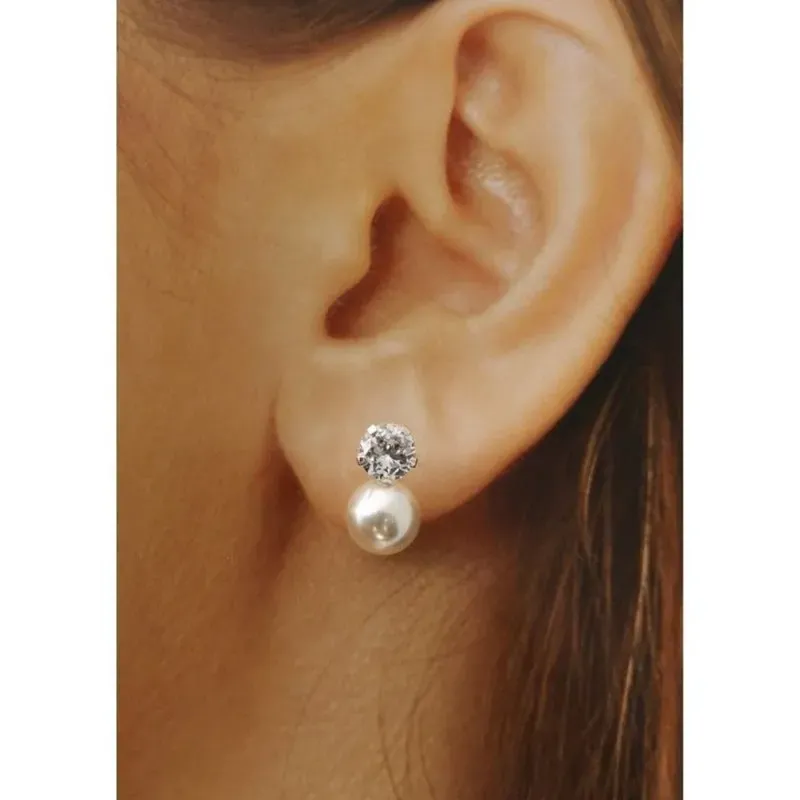 Pendientes plata Ley 925m tu y yo 16mm. mujer circonita garra perla imitación cierre presión