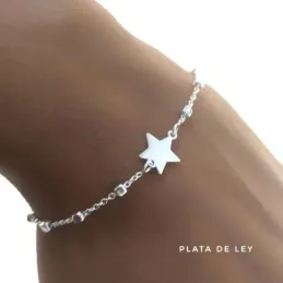 Pulsera plata Ley 925m cadena 16cm alterna eslabones cuadrados centro estrella lisa cierre mosquetón