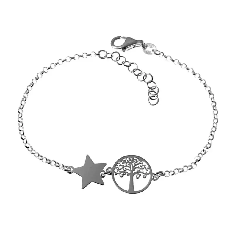 Pulsera plata Ley 925m cadena rolo 17cm. centro estrella árbol de la vida calado cierre mosquetón