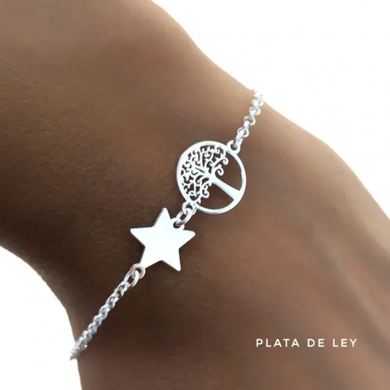 Pulsera plata Ley 925m cadena rolo 17cm. centro estrella árbol de la vida calado cierre mosquetón