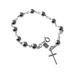 Pulsera plata Ley 925m rosario 18cm. bolas 6mm. lisa charm cruz 17mm. cierre reasa