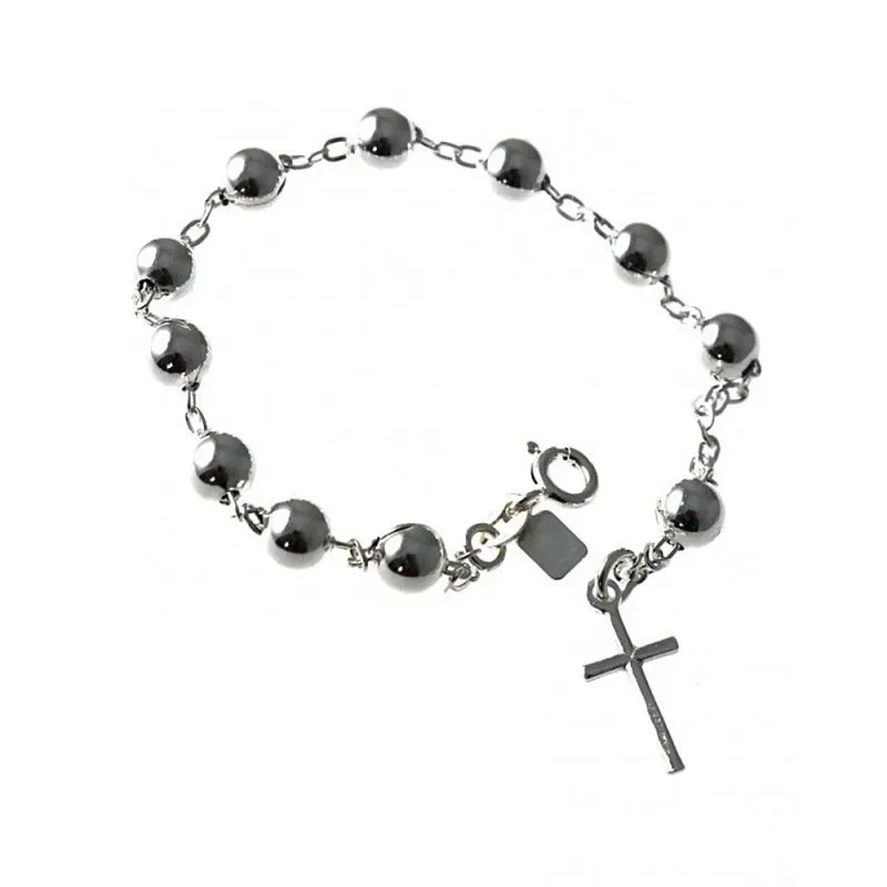 Pulsera plata Ley 925m rosario 18cm. bolas 6mm. lisa charm cruz 17mm. cierre reasa