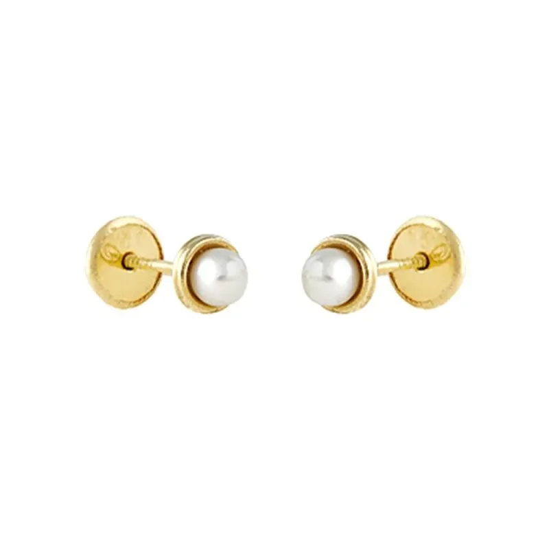 Pendientes Oro Amarillo 18k modelo Aretes de Bebé (2 Perlas Cultivadas de 3mm.) Medida: 4,5mm.