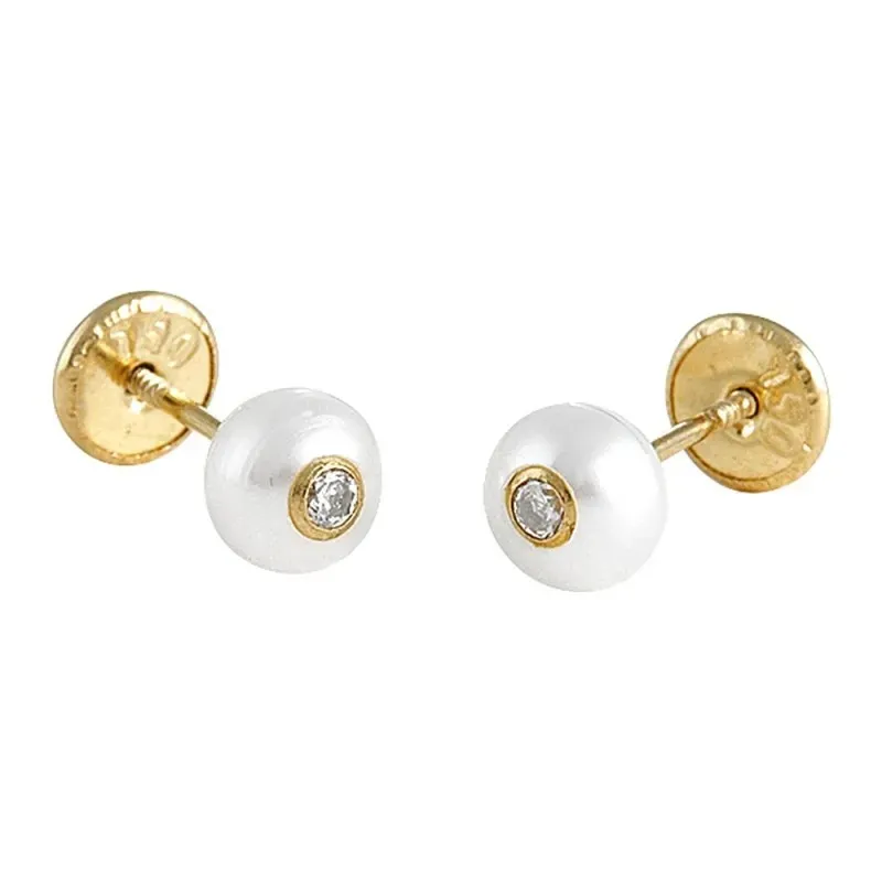 Pendientes Oro Amarillo 18k modelo Aretes de Bebé (2 Perlas Cultivadas 5mm.) (2 Circonitas)