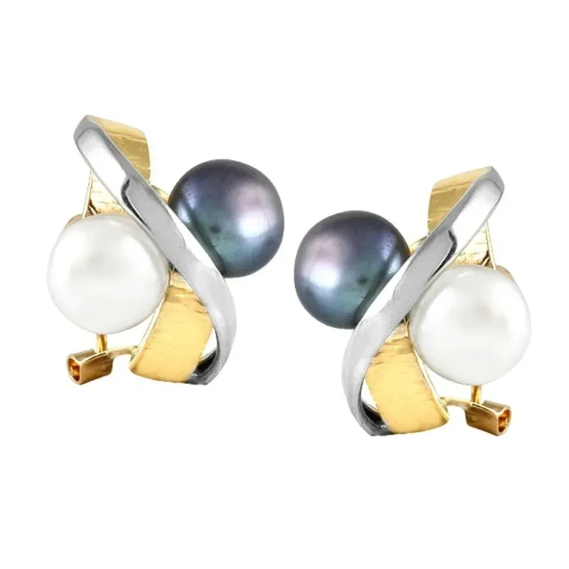 Pendientes Oro Amarillo y blanco 18k modelo Sofía (2 perlas cultivadas botón blancas 7,5mm.)