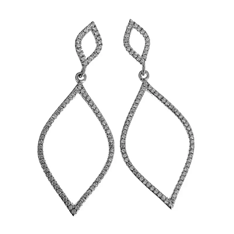Pendientes plata Ley 925m largos 50mm. rodiados rombos curvos piedras circonitas cierre presión