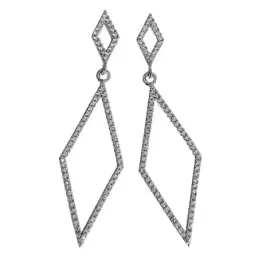 Pendientes plata Ley 925m largos 50mm. rodiados forma rombos piedras circonitas cierre presión