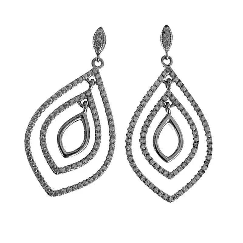Pendientes plata Ley 925m largos 35mm. rodiados lágrima triple piedras circonitas cierre presión