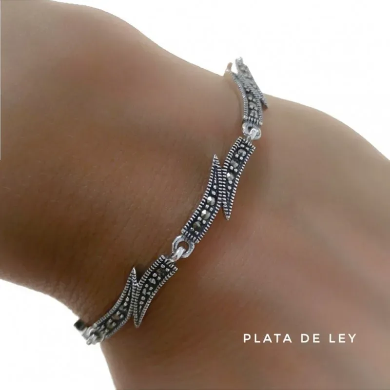 Pulsera plata Ley 925m mujer 18cm. piedras marquesitas eslabones redondos cierre pato