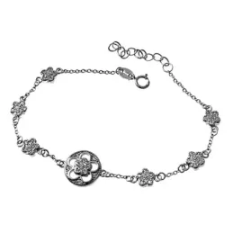 Pulsera plata Ley 925m rodiada 17cm. flores circonitas cierre reasa