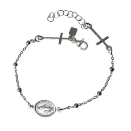 Pulsera plata Ley 925m cadena combinada 17cm. bolitas Virgen Milagrosa final cruces lisas mosquetón