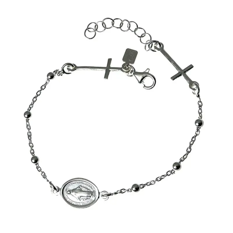 Pulsera plata Ley 925m cadena combinada 17cm. bolitas Virgen Milagrosa final cruces lisas mosquetón