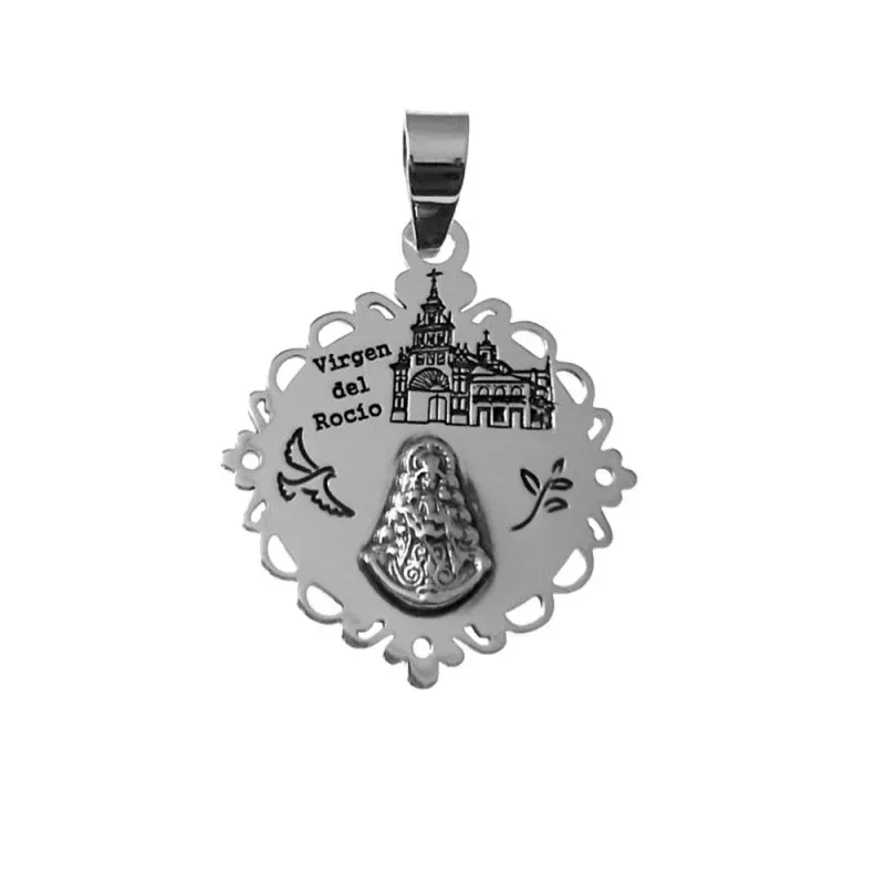 Colgante plata Ley 925m medalla 25mm. Virgen del Rocío detalles tallados cerco calado