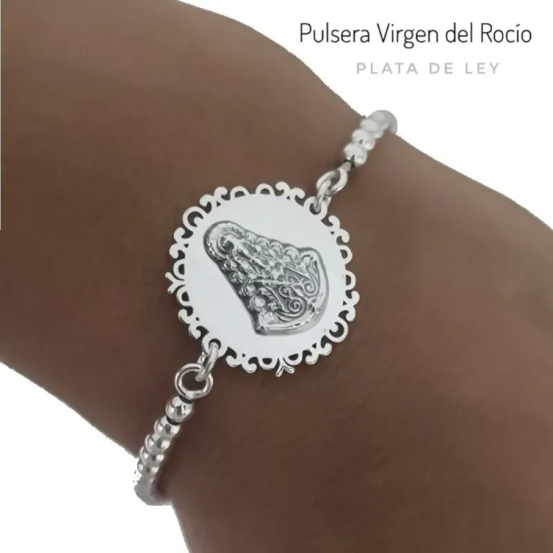 Pulsera plata Ley 925m cadena 17cm. bolas 3mm. detalle medalla Virgen del Rocío cerco calado