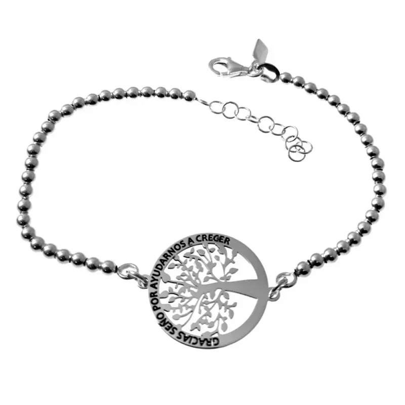 Pulsera plata Ley 925m 18cm. cadena bolas 3mm. centro Árbol de la Vida calado cerco mensaje