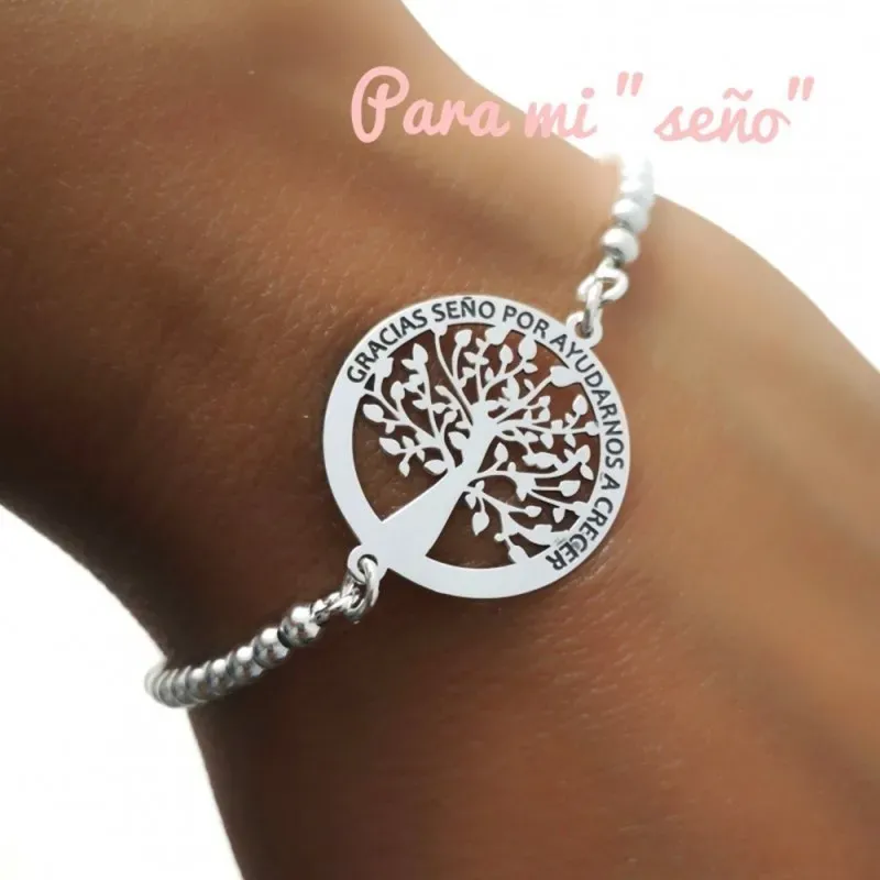 Pulsera plata Ley 925m 18cm. cadena bolas 3mm. centro Árbol de la Vida calado cerco mensaje