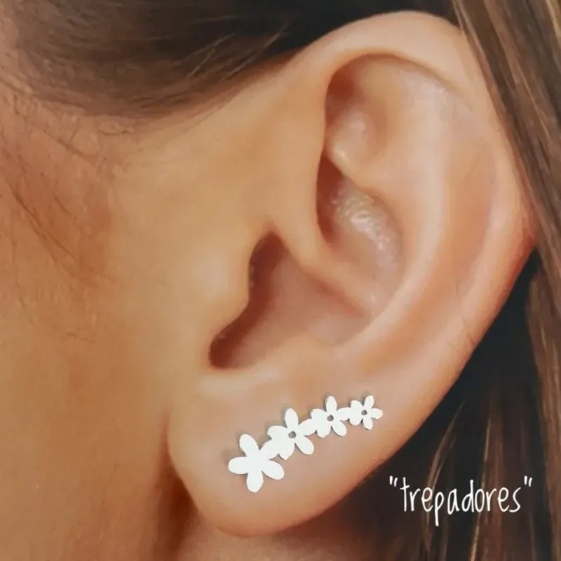 Pendientes plata Ley 925m flor simple 8mm. cierre presión trepador flores 22mm. lisos