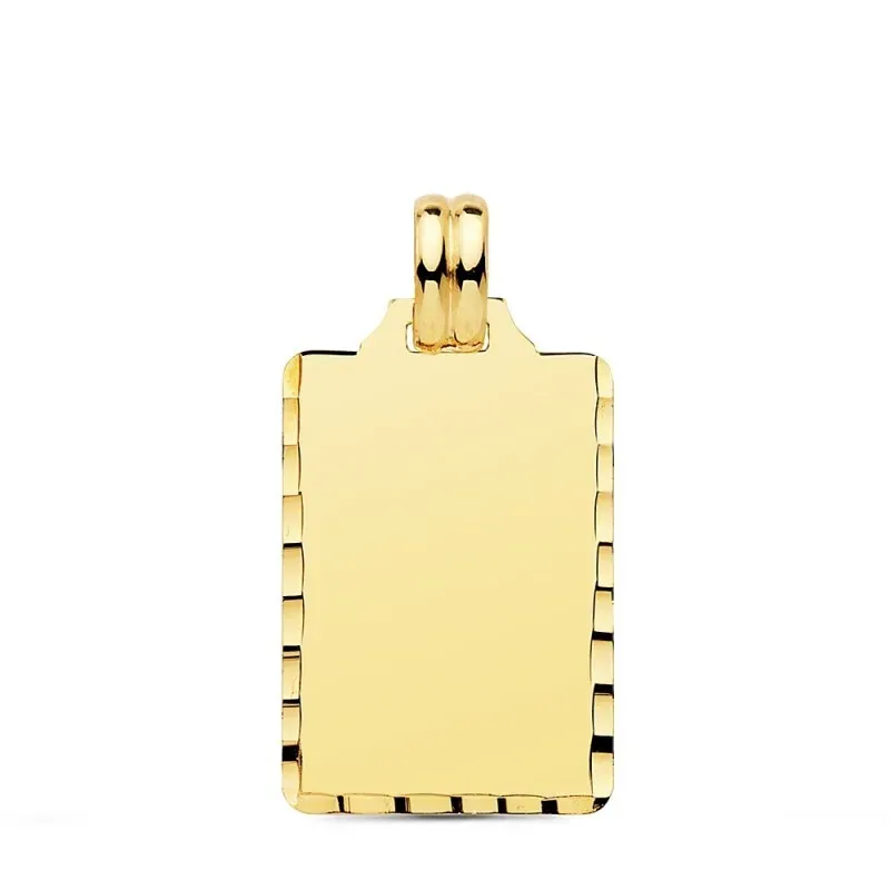 Colgante oro 18k chapa rectangular 24mm. borde tallado unisex