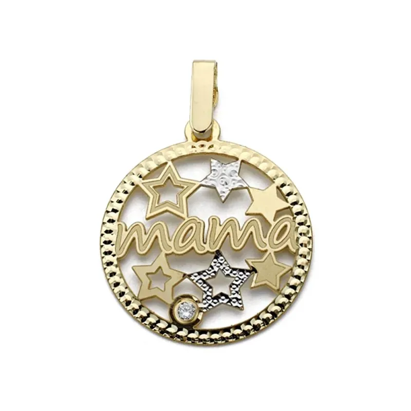 Colgante oro 9k bicolor MAMÁ 20mm. calado estrellas circonitas mujer