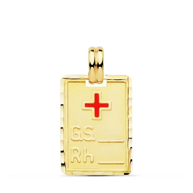 Colgante oro 18k chapa rectangular 20mm. cruz roja grupo sanguineo RH unisex