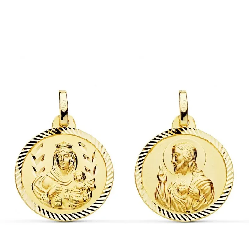Medalla oro 18k colgante escapulario 18mm. Virgen del Carmen Corazón de Jesús cerco tallado unisex