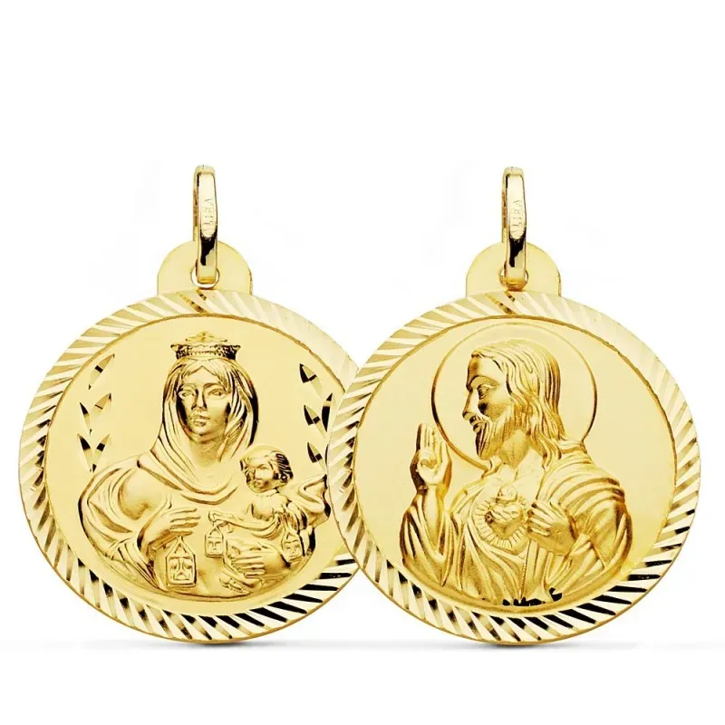 Medalla oro 18k colgante escapulario 26mm. Virgen del Carmen Corazón de Jesús cerco tallado unisex