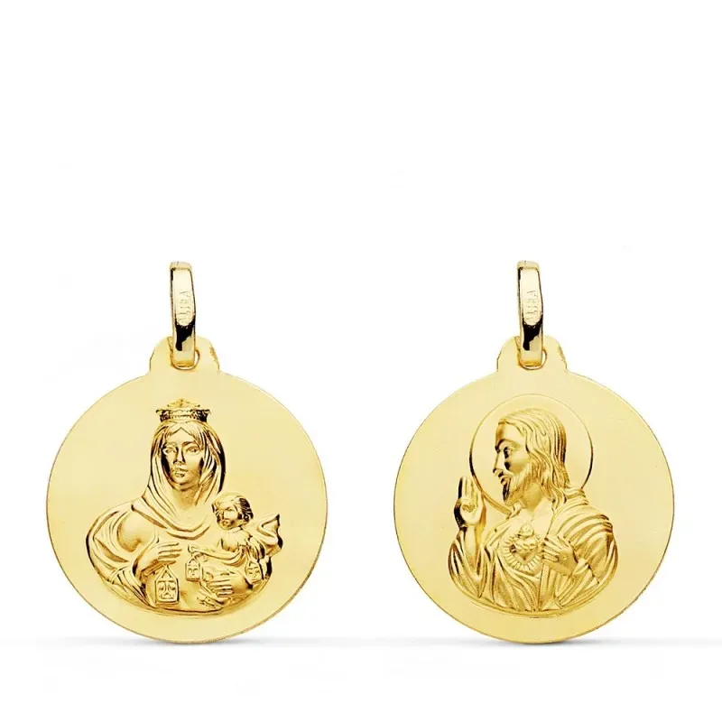 Medalla oro 18k colgante escapulario 18mm. Virgen del Carmen Corazón de Jesús lisa unisex