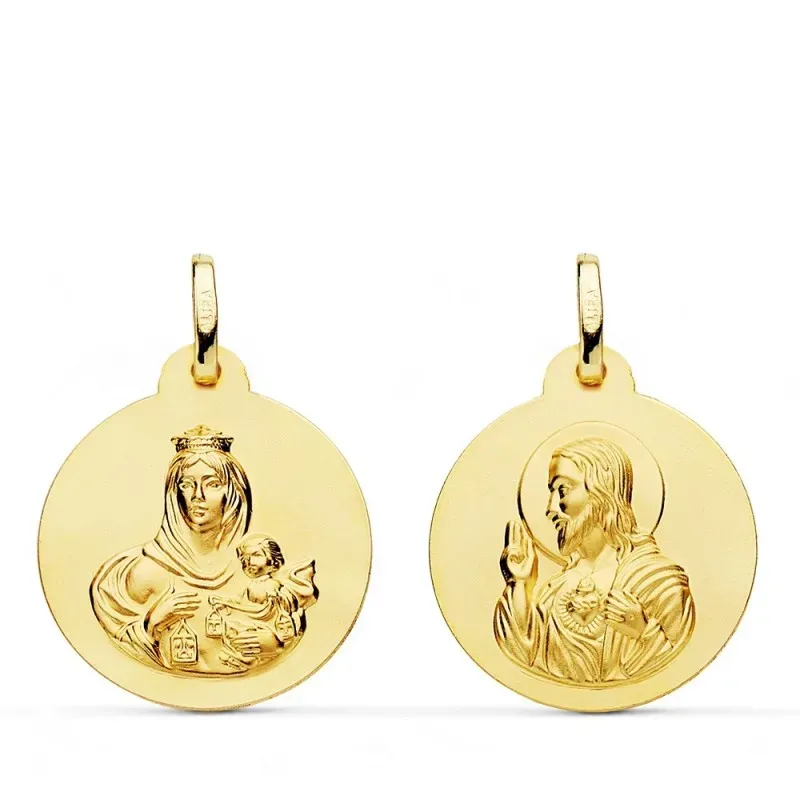 Medalla oro 18k colgante escapulario 20mm. Virgen del Carmen Corazón de Jesús lisa unisex