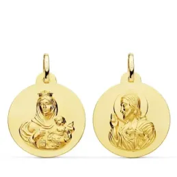 Medalla oro 18k colgante escapulario 22mm. Virgen del Carmen Corazón de Jesús lisa unisex