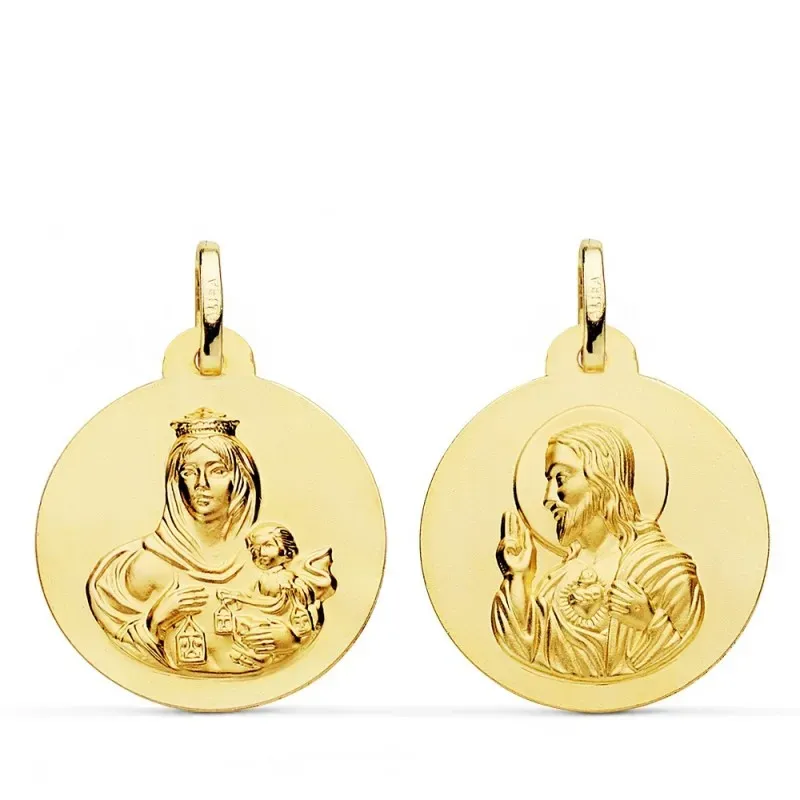 Medalla oro 18k colgante escapulario 22mm. Virgen del Carmen Corazón de Jesús lisa unisex