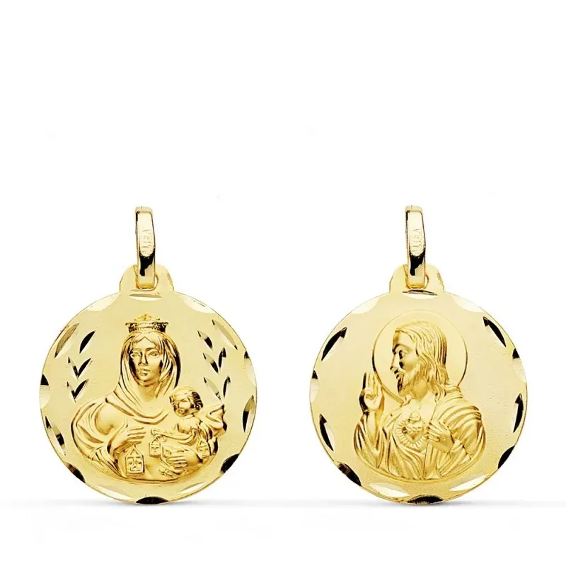 Medalla oro 18k colgante escapulario 18mm. Virgen del Carmen Corazón de Jesús tallada unisex