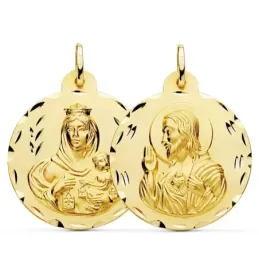 Medalla oro 18k colgante escapulario 30mm. Virgen del Carmen Corazón de Jesús tallada unisex