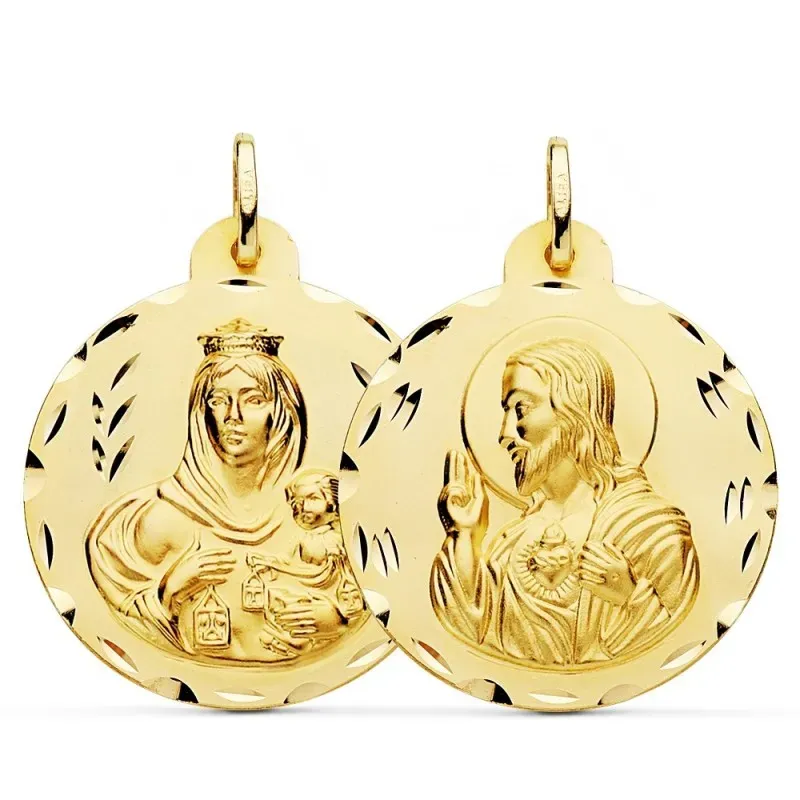 Medalla oro 18k colgante escapulario 30mm. Virgen del Carmen Corazón de Jesús tallada unisex