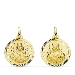 Medalla oro 18k colgante escapulario 18mm. Virgen del Carmen Corazón de Jesús cerco tallado unisex