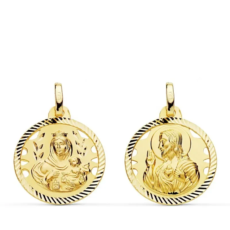 Medalla oro 18k colgante escapulario 18mm. Virgen del Carmen Corazón de Jesús cerco tallado unisex