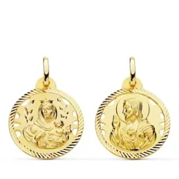 Medalla oro 18k colgante escapulario 20mm. Virgen del Carmen Corazón de Jesús cerco tallado unisex