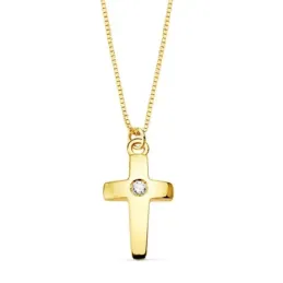 Colgante oro 18k cruz 11mm. diamante brillante 0.015ct. cadena veneciana 45cm. mujer