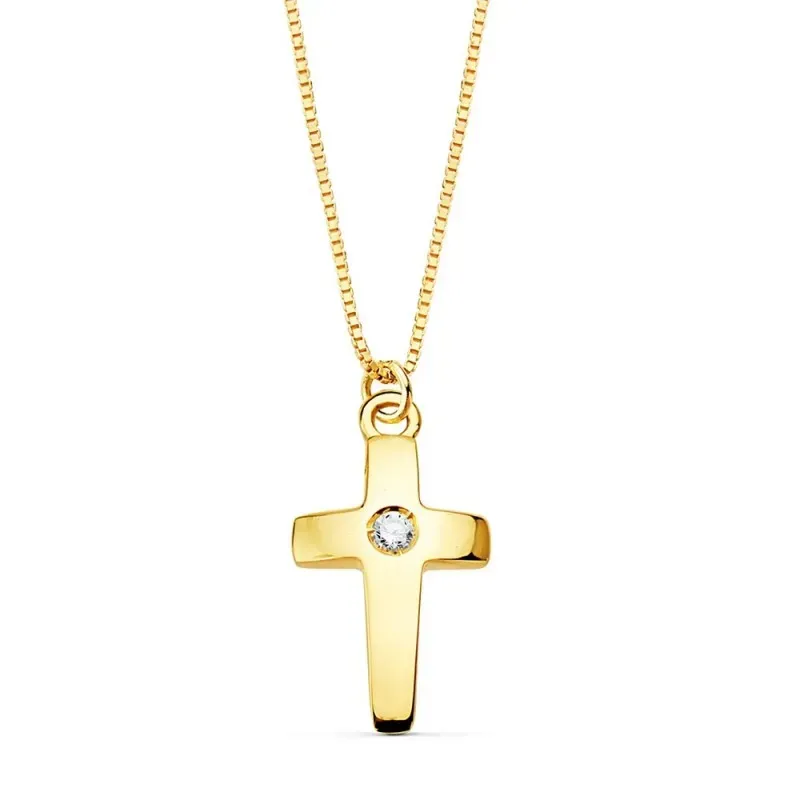 Colgante oro 18k cruz 11mm. diamante brillante 0.015ct. cadena veneciana 45cm. mujer