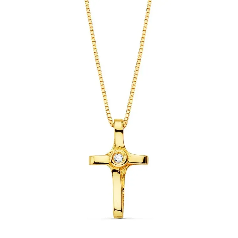 Colgante oro 18k cruz 12mm. diamante brillante 0.010ct. cadena veneciana 45cm. mujer